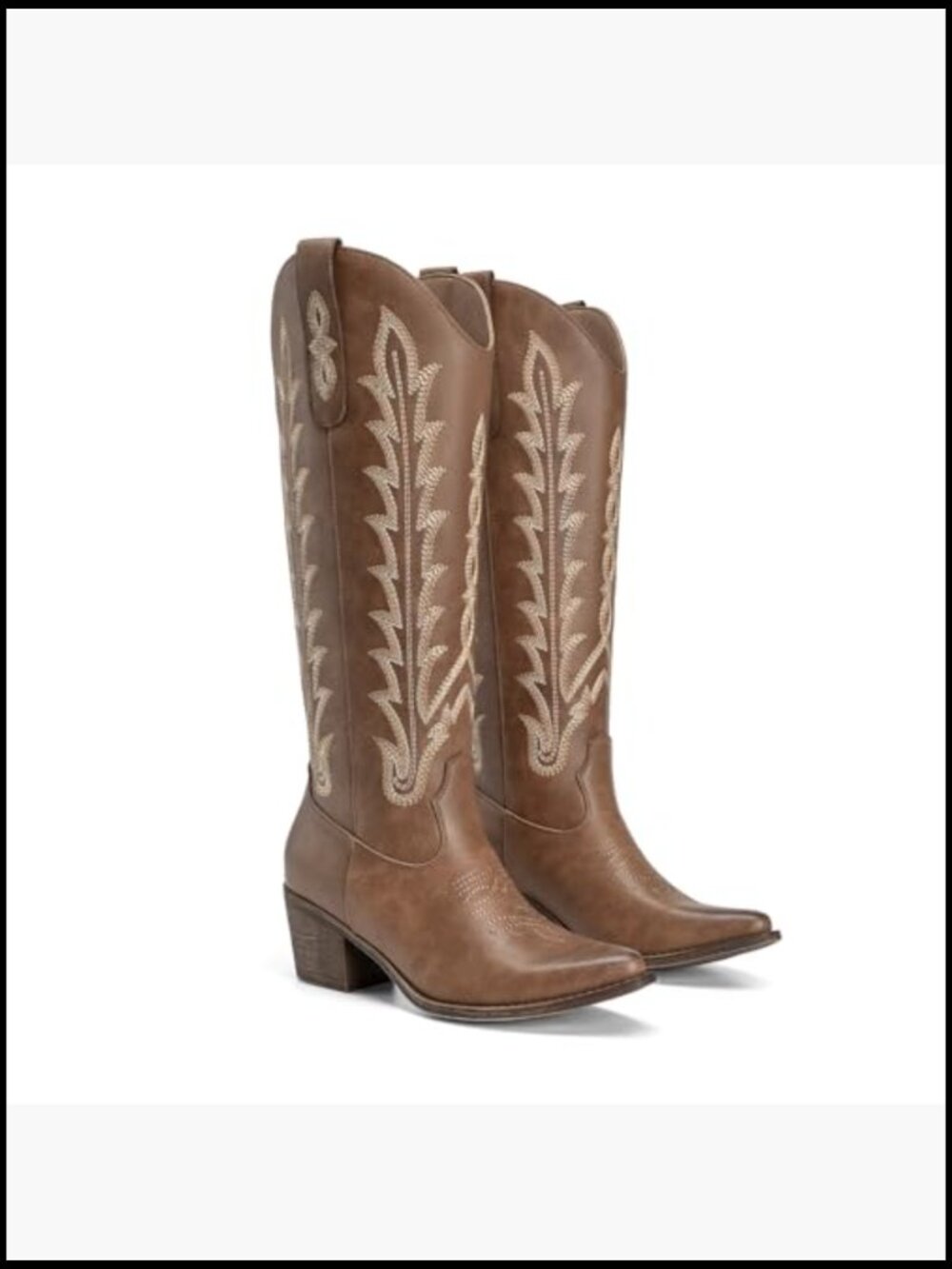 Knee High Cowboy Boots Embroidered Chunky Heel Square Toe Pull On Western - Picture 4 of 7